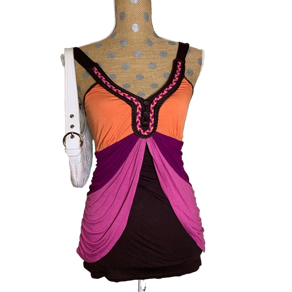 Vintage Y2K Studio Y  Babydoll Top ColorBlock Juniors Butterfly Braided Small